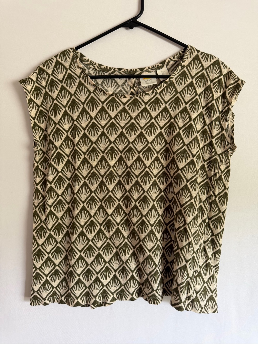 C&C California 100% Linen Green & Cream Patterned Blouse / Size L